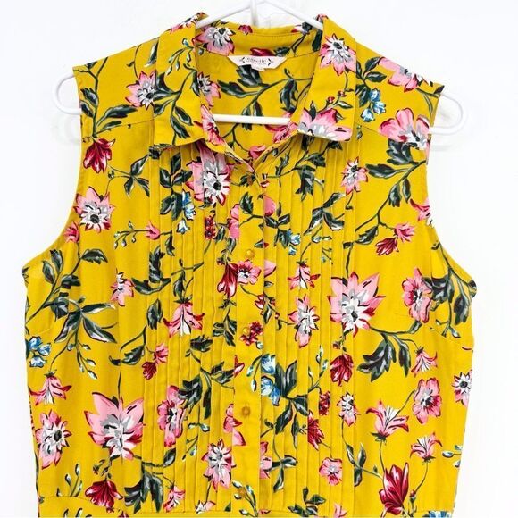 Nanette Lepore Yellow Pink Floral Pleat Chest A Line Sleeveless Shirt Dress - Picture 13 of 16